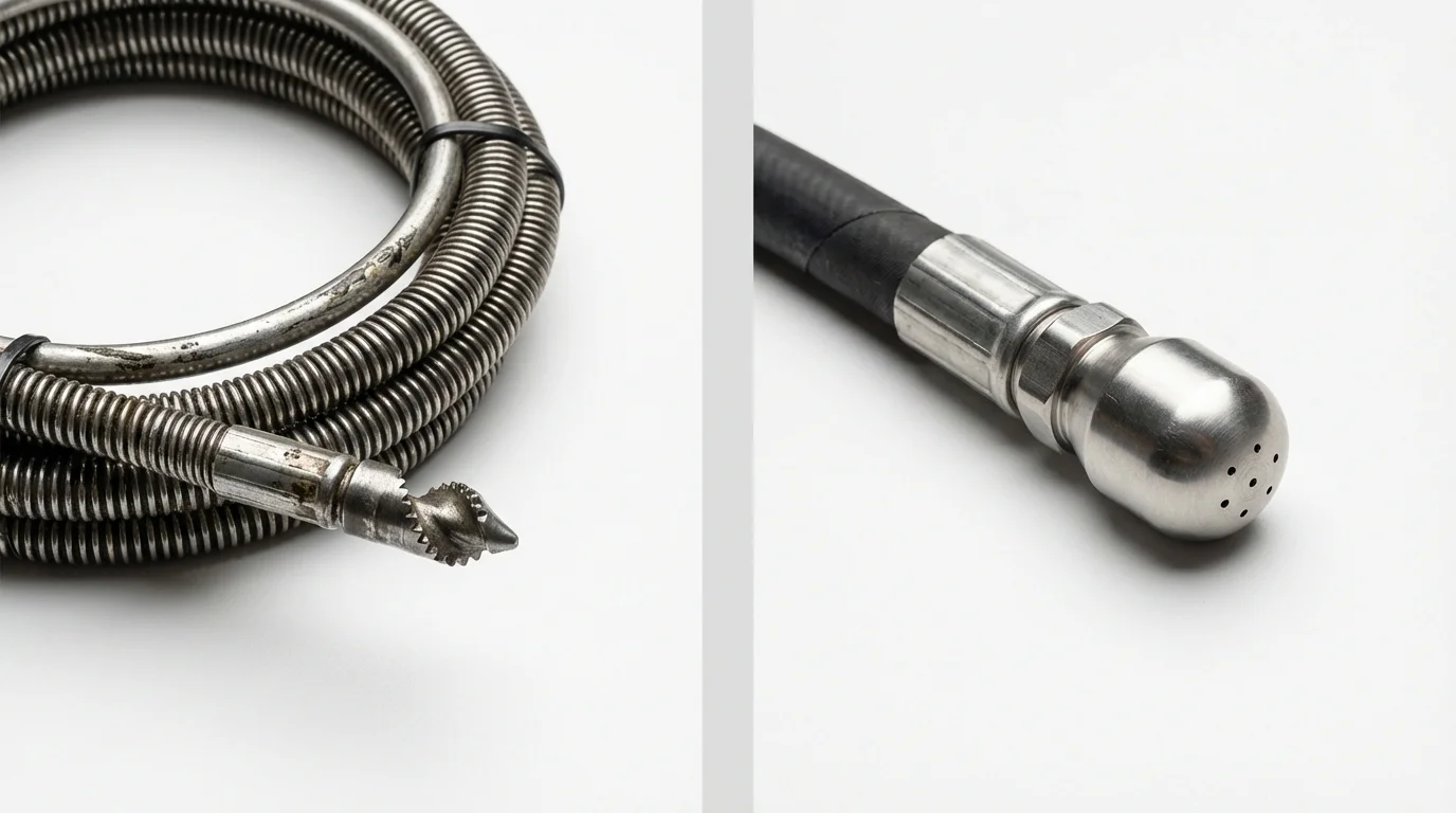 Drain snake cable and hydro jetting nozzle used for drain cleaning in El Dorado, KS