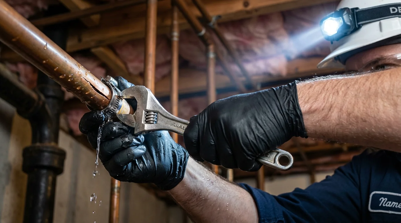 Emergency pipe clamp repair being performed by a Johns Plumbing LLC plumber in El Dorado