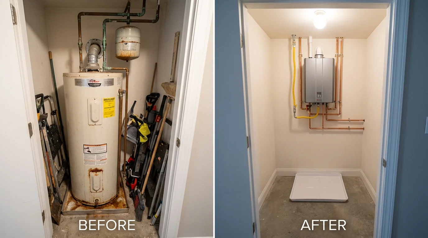 Tank water heater versus wall-mounted tankless unit comparison for El Dorado, KS homeowners