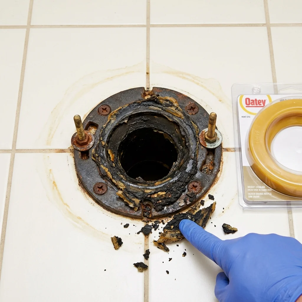 Failed wax ring showing water seepage at the base of a toilet in a El Dorado, KS home