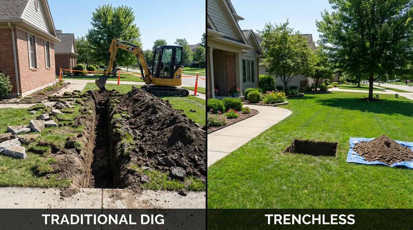 Trenchless sewer repair with minimal yard damage versus traditional excavation in El Dorado, KS