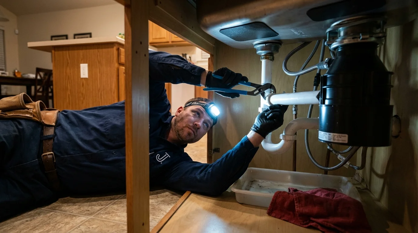 P-trap and supply line connections under a kitchen sink showing a common leak point in El Dorado, KS